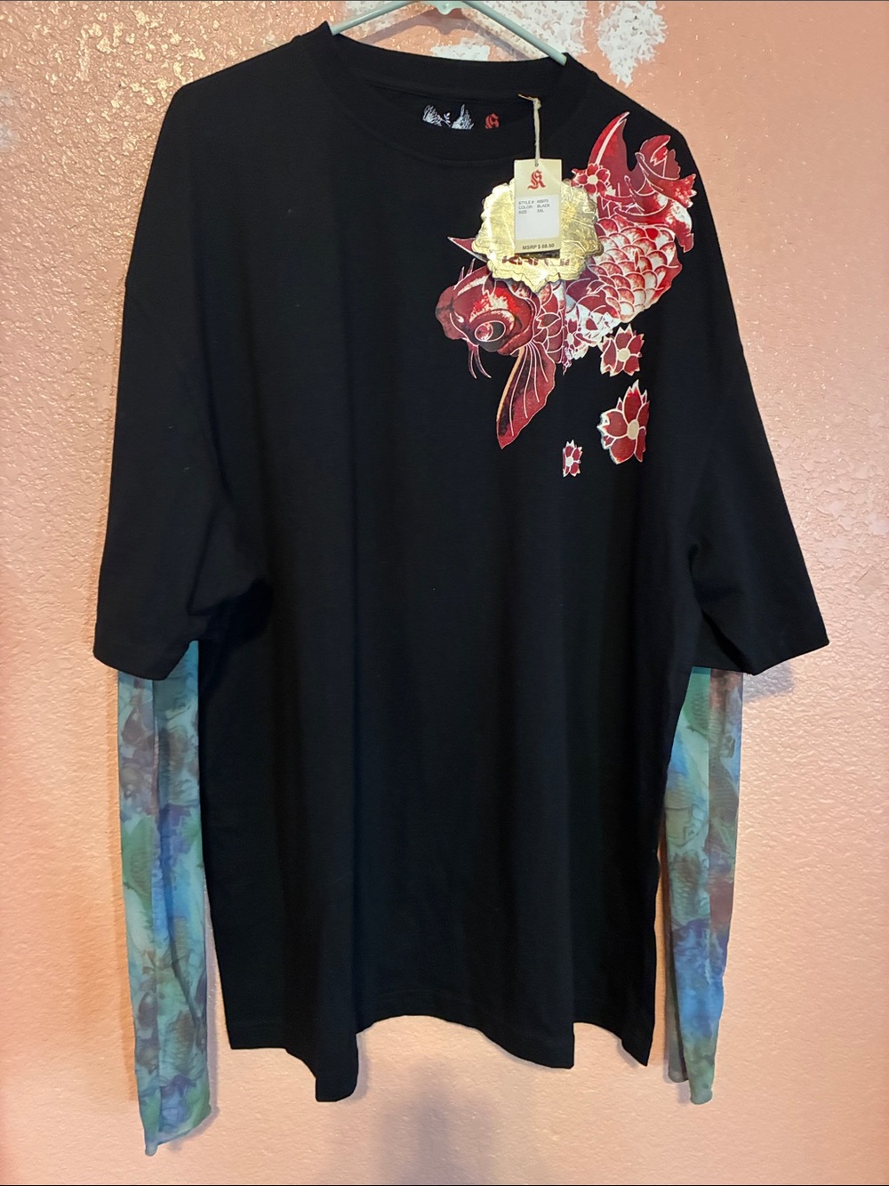 Men's Black Graphic Koi Layered-Look Shirt